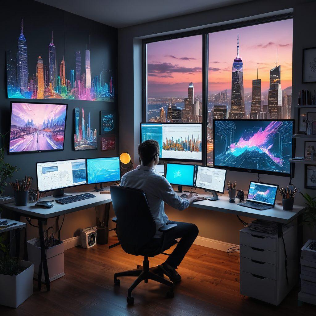 A digital artist at work, surrounded by dynamic user interface sketches on a bright workspace. Include a computer screen displaying vibrant JavaScript code and colorful UI designs. Add elements like sketches, color palettes, and design tools scattered around for creative inspiration. The background features a futuristic city skyline, symbolizing innovation. super-realistic. vibrant colors. 3D.